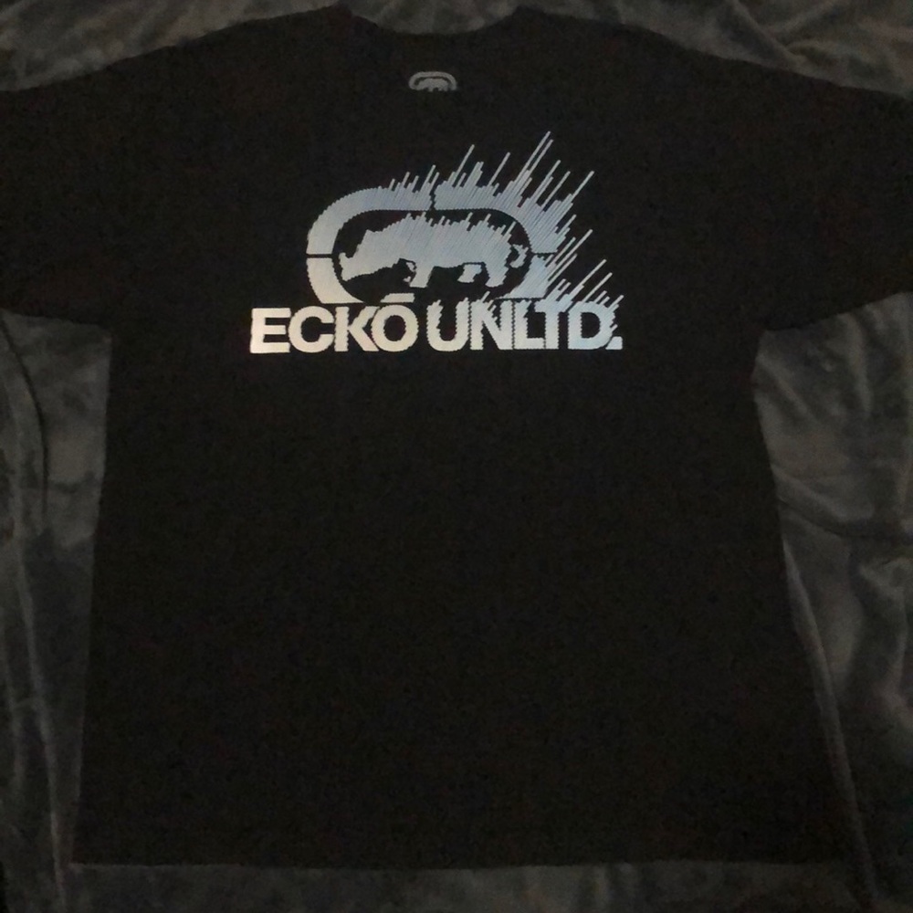 Black ECKO T-shirt with blue and white print